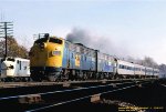 PC, Penn Central FL9s, 5033-5017, are northbound on the east shore of the Hudson River at Croton-on-Hudson, New York. October 16, 1976. 